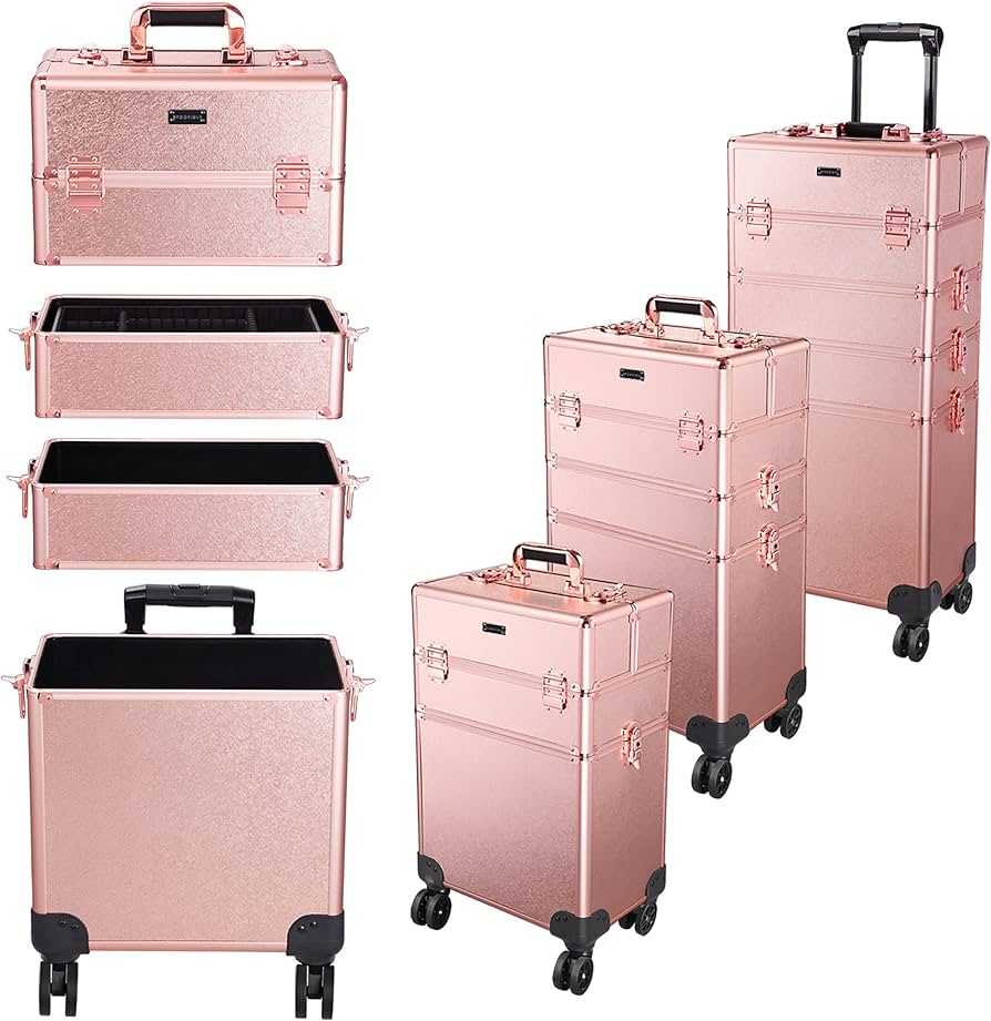 AW 4in1 大型 メイクキャリーケース 鍵付き 大容量 プロ用 メイクボックス 4WAY 多機能 スライドトレー 仕切り キャスター付き 化粧品箱  メイク収納 プロ用メイクボックス 美容師 化粧 収納 ローリング メイク道具キャリーケース ピンクゴールド